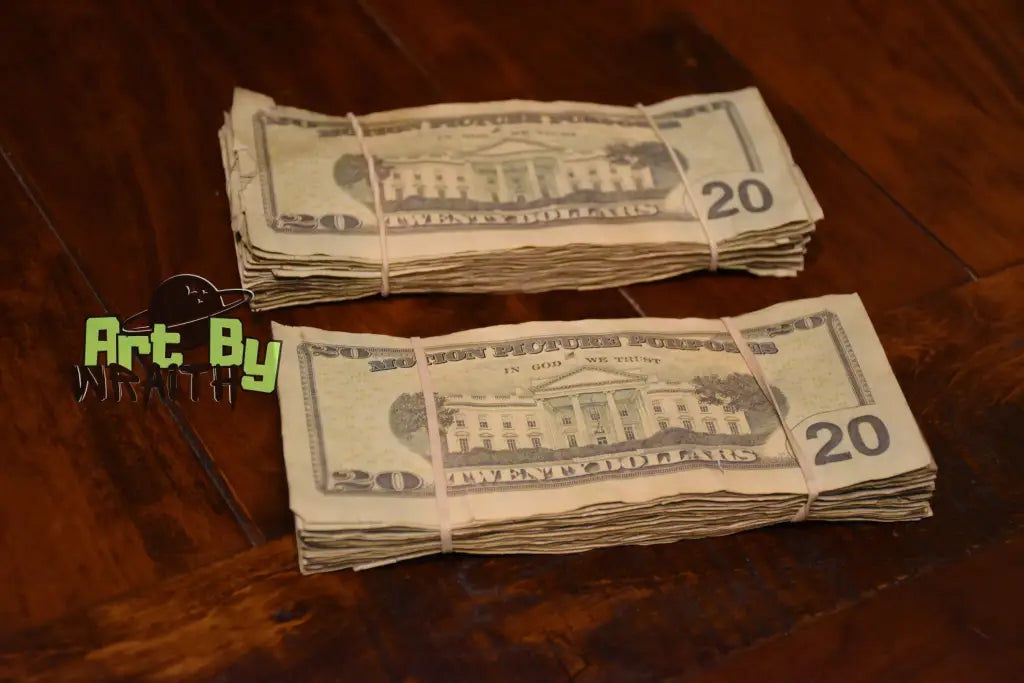 Ultra Realistic Movie Prop Money - 20 Dollar Bills 2 Bands