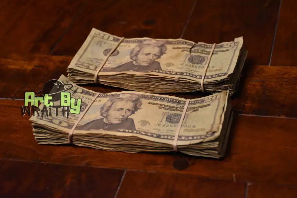 Ultra Realistic Movie Prop Money - 20 Dollar Bills 2 Bands